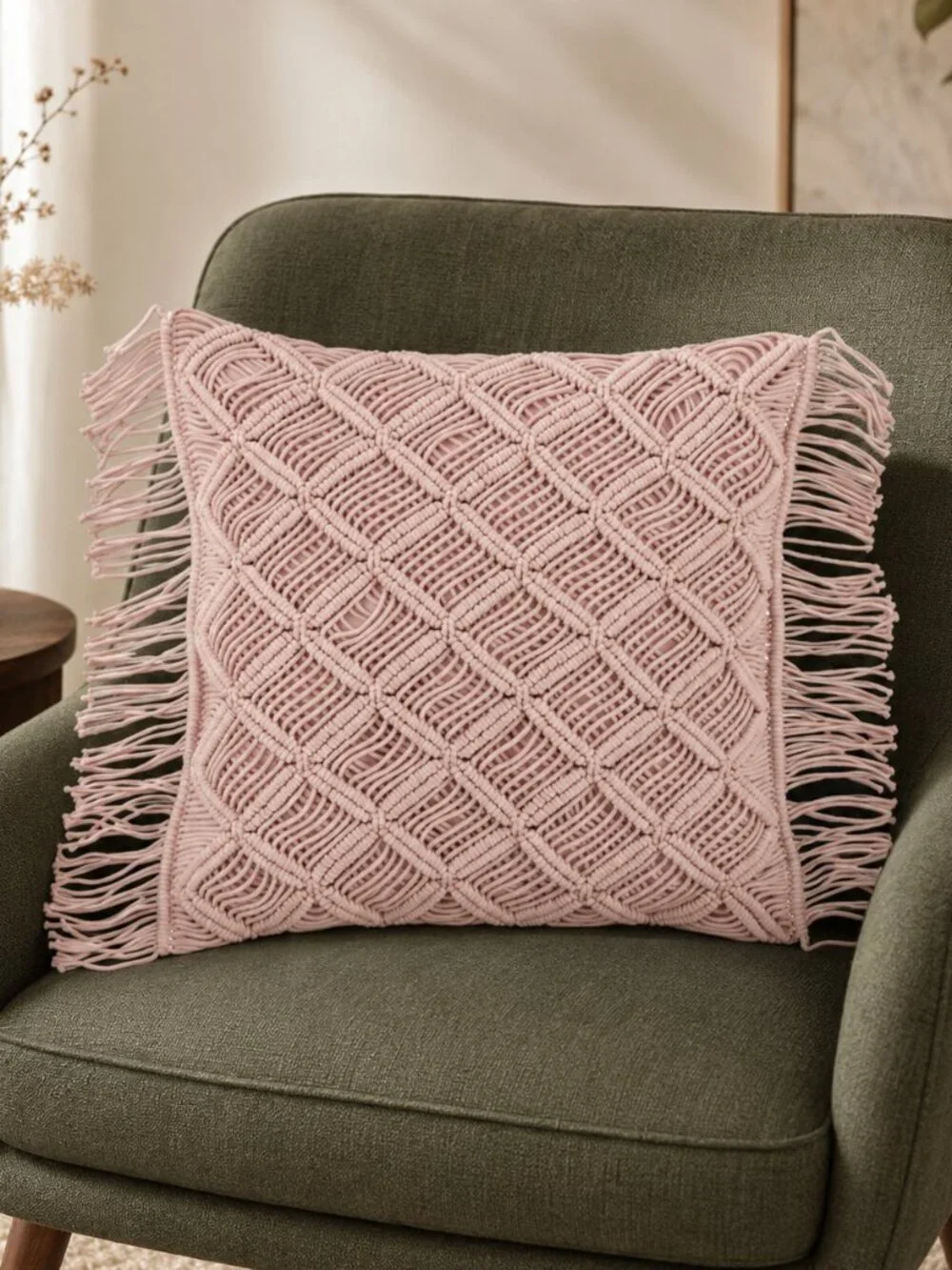 SARO 5148.RS18S 18 in. Square Down Filled Macrame Throw Pillow - Rose